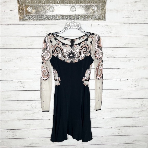 Temperely London Mesh Open Back Long Sleeve Fit & Flare Mini Cocktail Dress - Picture 2 of 11